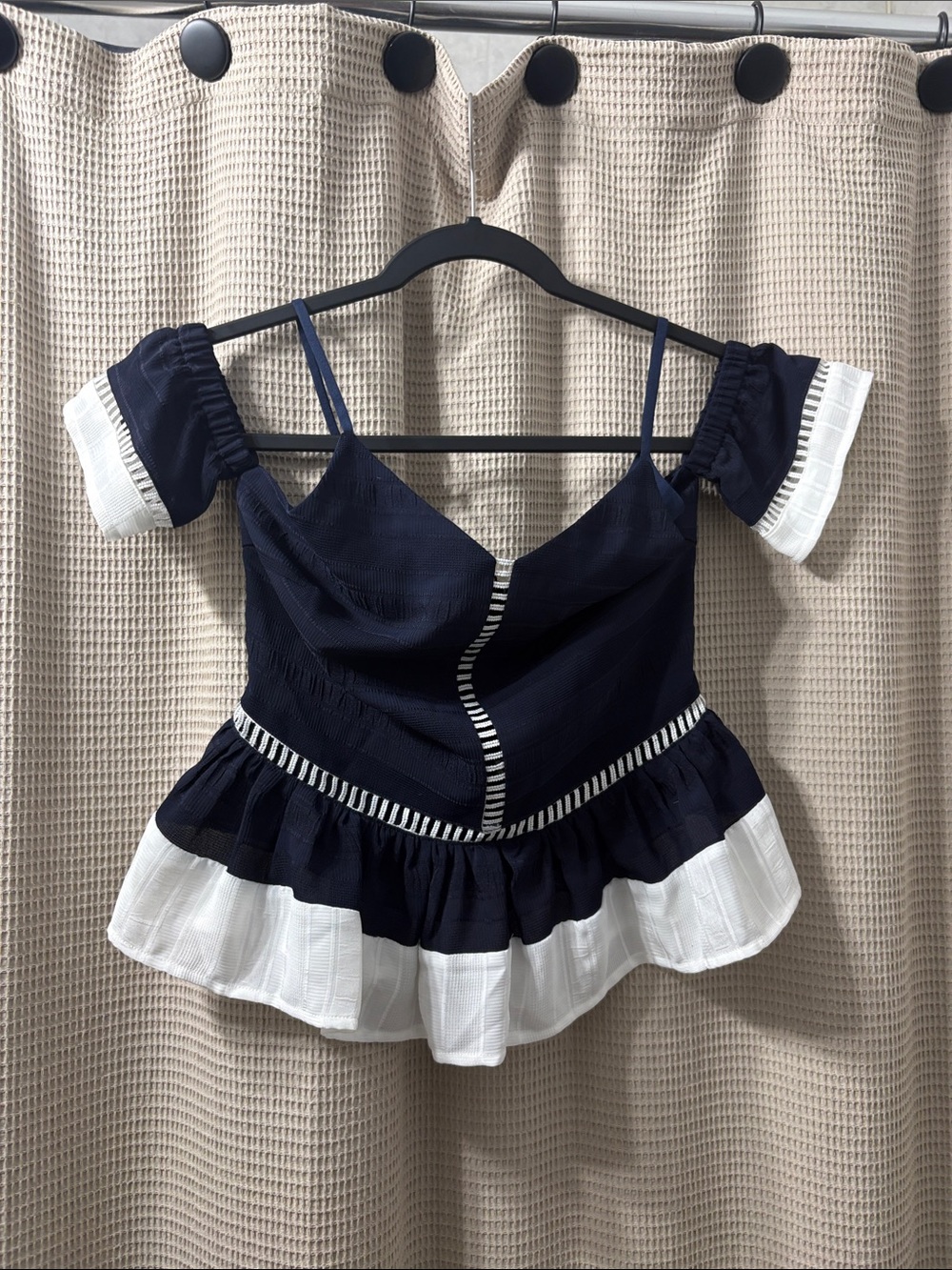 Endless Rose Navy & White Ruffle Off-Shoulder Peplum Top NWOT